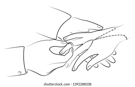 Hands newlyweds at the wedding. A man puts a wedding ring on the girl's finger. Vector illustration.