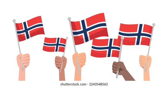 Hands with Norway flag isolated on white background. People hold Norway flag.Vector stock