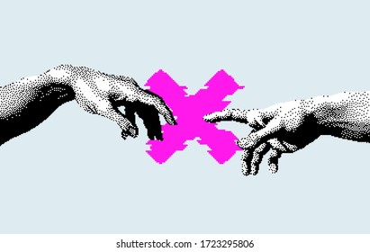 Hands not going to touch together. Concept of social distancing during COVID-19 and quarantine. Pixel art style illustration.