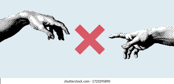 Hands not going to touch together. Concept of social distancing during COVID-19 and quarantine. Pixel art style illustration.