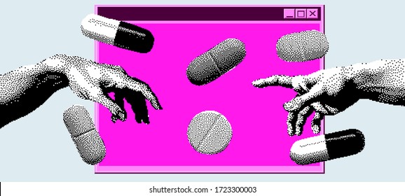 Hands not going to touch together. Concept of social distancing during COVID-19 and quarantine. Pixel art style illustration.