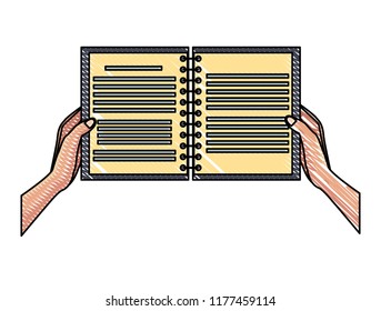 Hands with notebook open scribble