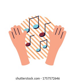 Hands with notes flat style icon design, Music sound melody song musical art and composition theme Vector illustration