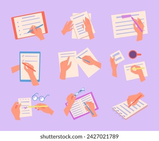 Hands with notes. People managers writing notes on different papers planners and notepads exact vector concept illustrations