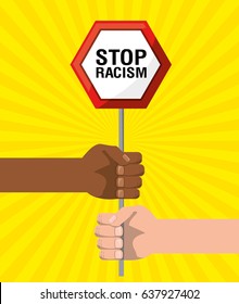 hands with notice emblem of stop racism