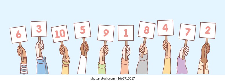 Hands with numbers set concept. Collection of men and women hands holding cards with numbers in random order. Amount of scores in competition or tournament. Votes of judges. Simple vector illustration