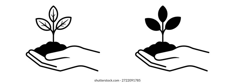 Hände, die junge Pflanzen mit Sorgfalt und Präzision pflegen, Hand, die Sprossensymbol-Set hält. Stellt Konzepte wie Wachstum, Pflege, Umwelt und Nachhaltigkeit dar.Hand Holding Young Seedling