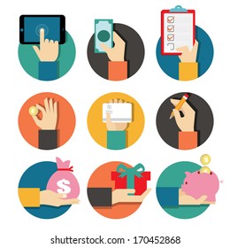 Hands with object icons set, Flat Design Vector illustration
