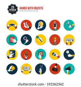 Hands with object icons set. Flat Design.Vector