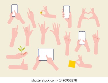 Hands with object set, hand with telephone, tablet, modern flat vector concept. Modern flat vector illustration.