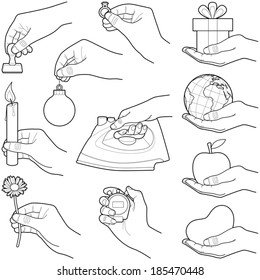 Hands with objects collection - vector illustration