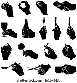 Hands with objects collection - vector silhouette illustration 