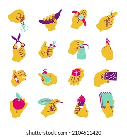 Hands with objects. minimalistic hands with stationery supplies and smart devices, graphic design collection with cartoon hands. Vector set