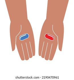 The hands offer a choice of a red or blue tablet. The concept of choice in life, alternatives, a reference to the matrix. Vector illustration