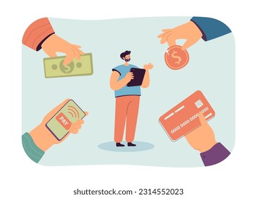 Hands offering different payment methods vector illustration. Surprised man with device choosing between cash pay, credit card, digital wallet. Finance transactions, payment options, banking concept