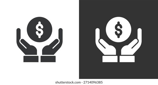 Manos que ofrecen el icono de la moneda del dólar. Icono de la serie de glifos sólidos