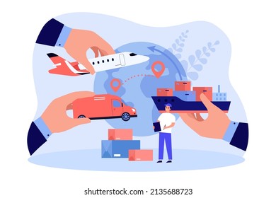 Hands offering to man cargo transportation by ship, plane, van. Male supplier choosing transport flat vector illustration. Logistics, supply concept for banner, website design or landing web page