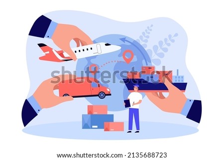 Hands offering to man cargo transportation by ship, plane, van. Male supplier choosing transport flat vector illustration. Logistics, supply concept for banner, website design or landing web page