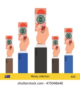 Hands offering money. Australian Dollar banknote. Business concept vector illustration.