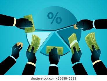 Hands offering money with a circular chart at the center, symbolizing shareholder equity, crowdfunding, business partnerships, and investments