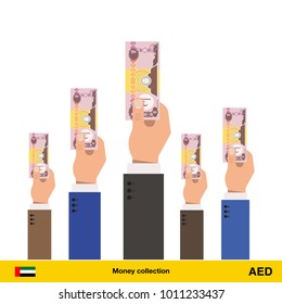 Hands offering money. Dirham banknote. Business concept vector illustration.