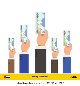 Hands offering money. Dirham banknote. Business concept vector illustration.