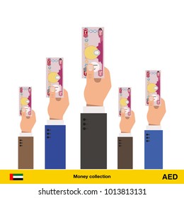 Hands offering money. Dirham banknote. Business concept vector illustration.