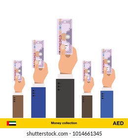 Hands offering money. Dirham banknote. Business concept vector illustration.