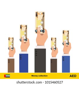Hands offering money. Dirham banknote. Business concept vector illustration.