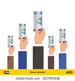 Hands offering money. Dirham banknote. Business concept vector illustration.