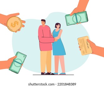 Hands Offering Money To Hugging Husband And Wife. Hands Giving Banknotes, Coin And Credit Card To Couple Flat Vector Illustration. Financial Support, Family Concept For Banner Or Landing Web Page