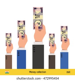 Hands offering money. Indian Rupee banknote. Business concept vector illustration.