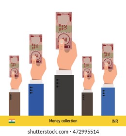 Hands offering money. Indian Rupee banknote. Business concept vector illustration.