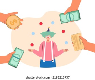 Hands offering money to juggling cartoon clown. People paying juggler with funny hair and red nose flat vector illustration. Circus, profession, finances, party concept for banner or landing web