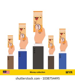 Hands offering money.  Ringgit banknote. Business concept vector illustration.