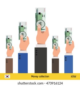Hands offering money. South Korean won banknote. Business concept vector illustration.