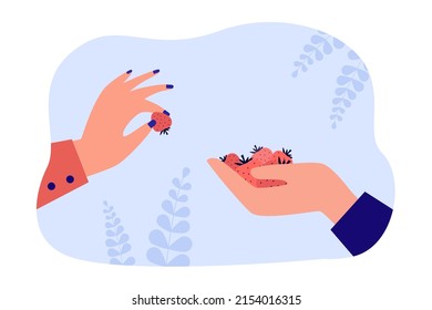 Hands offering and taking ripe strawberries. Farmer or gardener giving berries to customer flat vector illustration. Farming, gardening, agriculture, food, summer concept for banner, website design