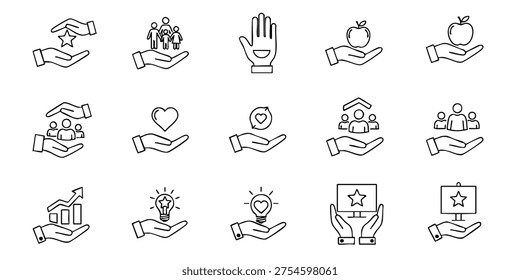 Hands offering various symbolic objects and people in a supportive environment, Hands offering and receiving various symbolic objects and people in line art style illustrations