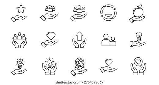 Hands offering various symbolic objects and people in a supportive environment, Hands offering and receiving various symbolic objects and people in line art style illustrations