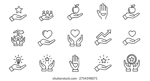 Hands offering various symbolic objects and people in a supportive environment, Hands offering and receiving various symbolic objects and people in line art style illustrations