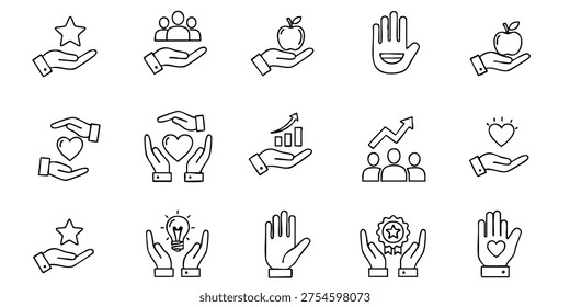 Hands offering various symbolic objects and people in a supportive environment, Hands offering and receiving various symbolic objects and people in line art style illustrations