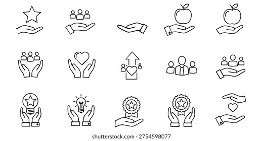 Hands offering various symbolic objects and people in a supportive environment, Hands offering and receiving various symbolic objects and people in line art style illustrations
