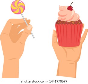 Hands offers sweetness with cake vector arm holding chocolate confectionery sweet confection seduction, no diet. not healthy junk food. Dessert bakery illustration set of hand hold sweets on white