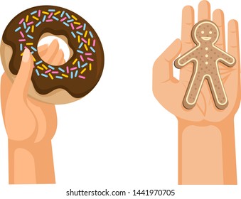 Hands offers sweetness with cake vector arm holding chocolate confectionery sweet confection seduction, no diet. not healthy junk food. Dessert bakery illustration set of hand hold sweets on white