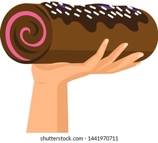 Hands offers sweetness with cake vector arm holding chocolate confectionery sweet confection seduction, no diet. not healthy junk food. Dessert bakery illustration set of hand hold sweets on white