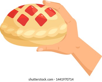 Hands offers sweetness with cake vector arm holding chocolate confectionery sweet confection seduction, no diet. not healthy junk food. Dessert bakery illustration set of hand hold sweets on white