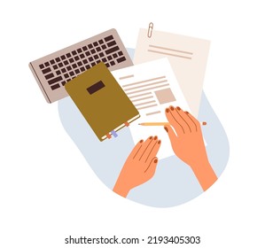 Hands with office documents, official papers, planner and computer keyboard. Employee arms work with business notebook, organizer at workplace. Flat vector illustration isolated on white background