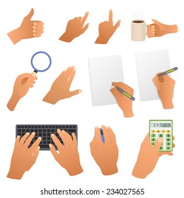 Hands in the office pointing gestures, writing hand, type the text , mouse and calculator isolated on white background