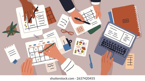Hands at office table, planning and organizing work agenda, business calendar. Corporate team during schedule organization, at desk with laptop and paper notes, top view. Flat vector illustration
