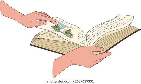 Manos y viejas páginas abiertas del libro aisladas en el fondo blanco